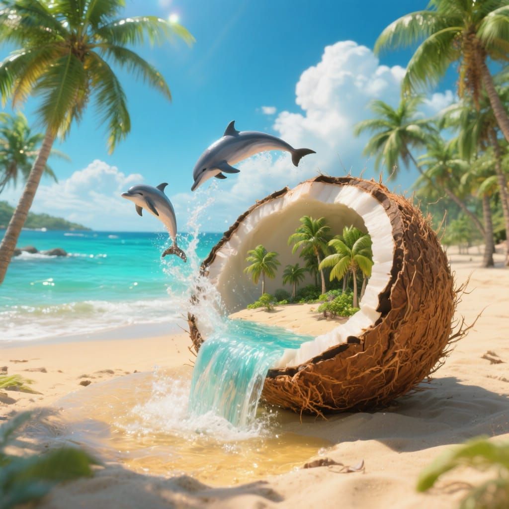 Surreal Tropical Paradise Inside Giant Coconut