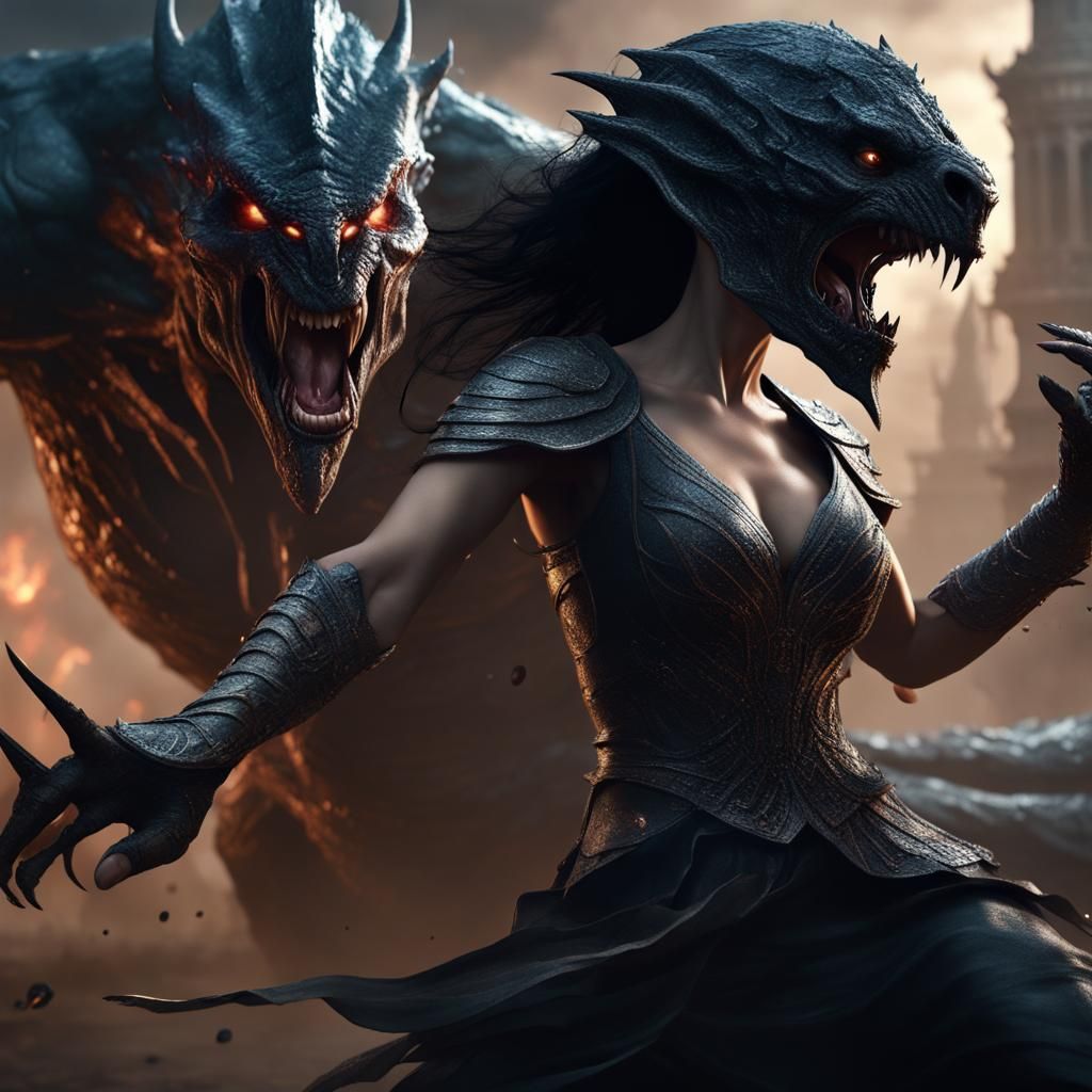woman fighting dark creature