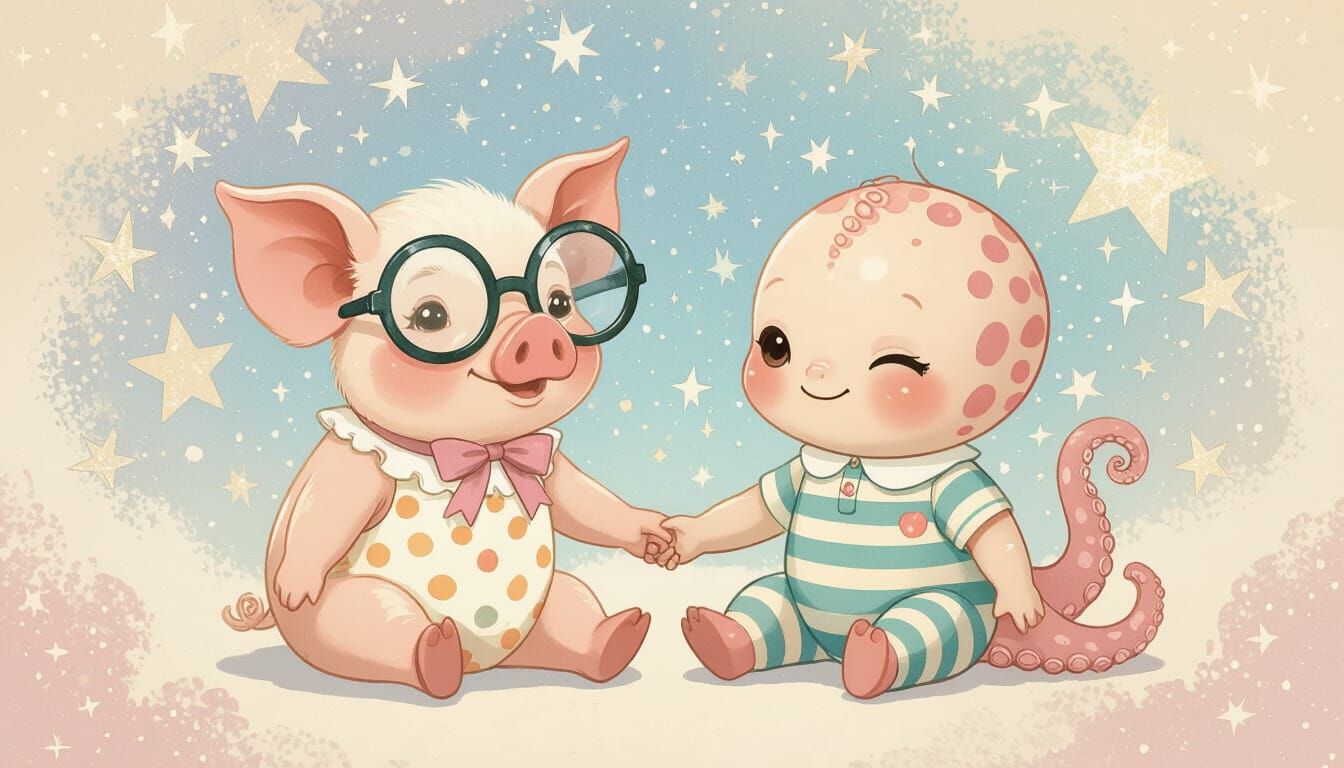 Piglet and Octopus in a Pastel Galaxy, Dreamy Style