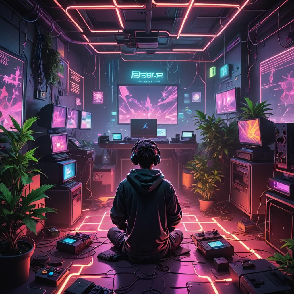 Cyberpunk Gamer in Neon Haze: 3D Anime Art