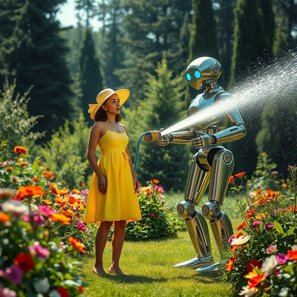 Robot Sprays Startled Human in Futuristic Garden