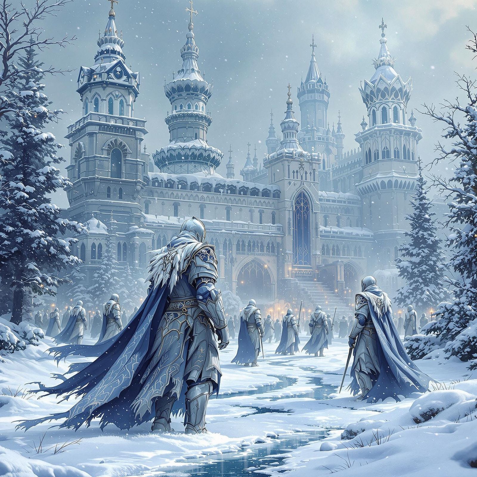 Regal Knights Guard Winter Stronghold in Snowy Gothic Landsc...