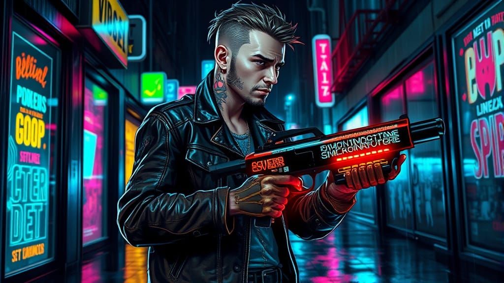 Cyberpunk Bounty Hunter in Neon-Tattooed Leather Jacket