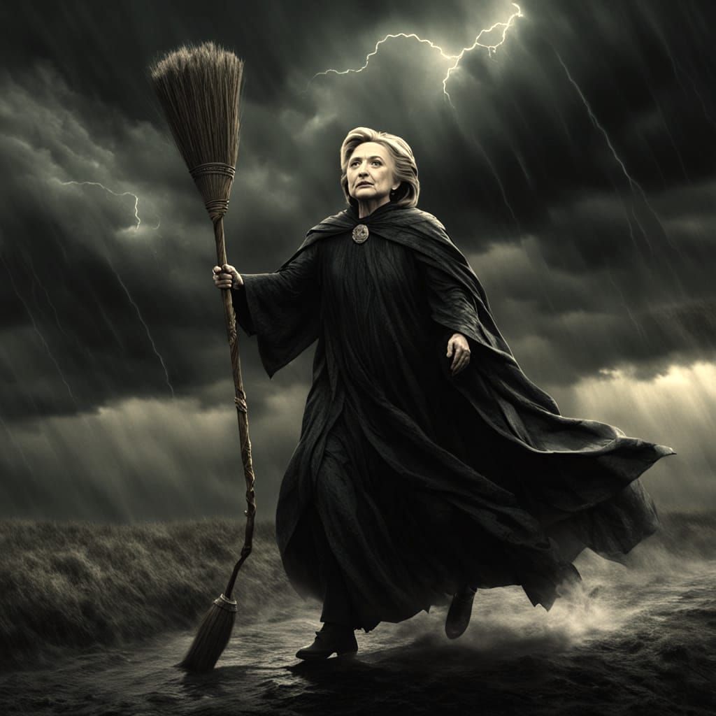 Hillary Clinton Riding Broomstick in Sinister Style