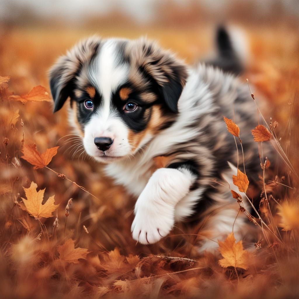 Australian Shepherd Puppies Playing in Fall Field