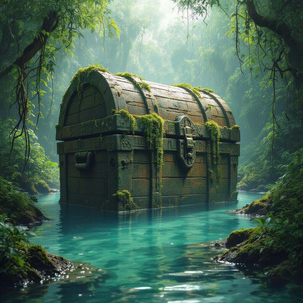 Ancient Stone Chest in Jungle River, Digital Art