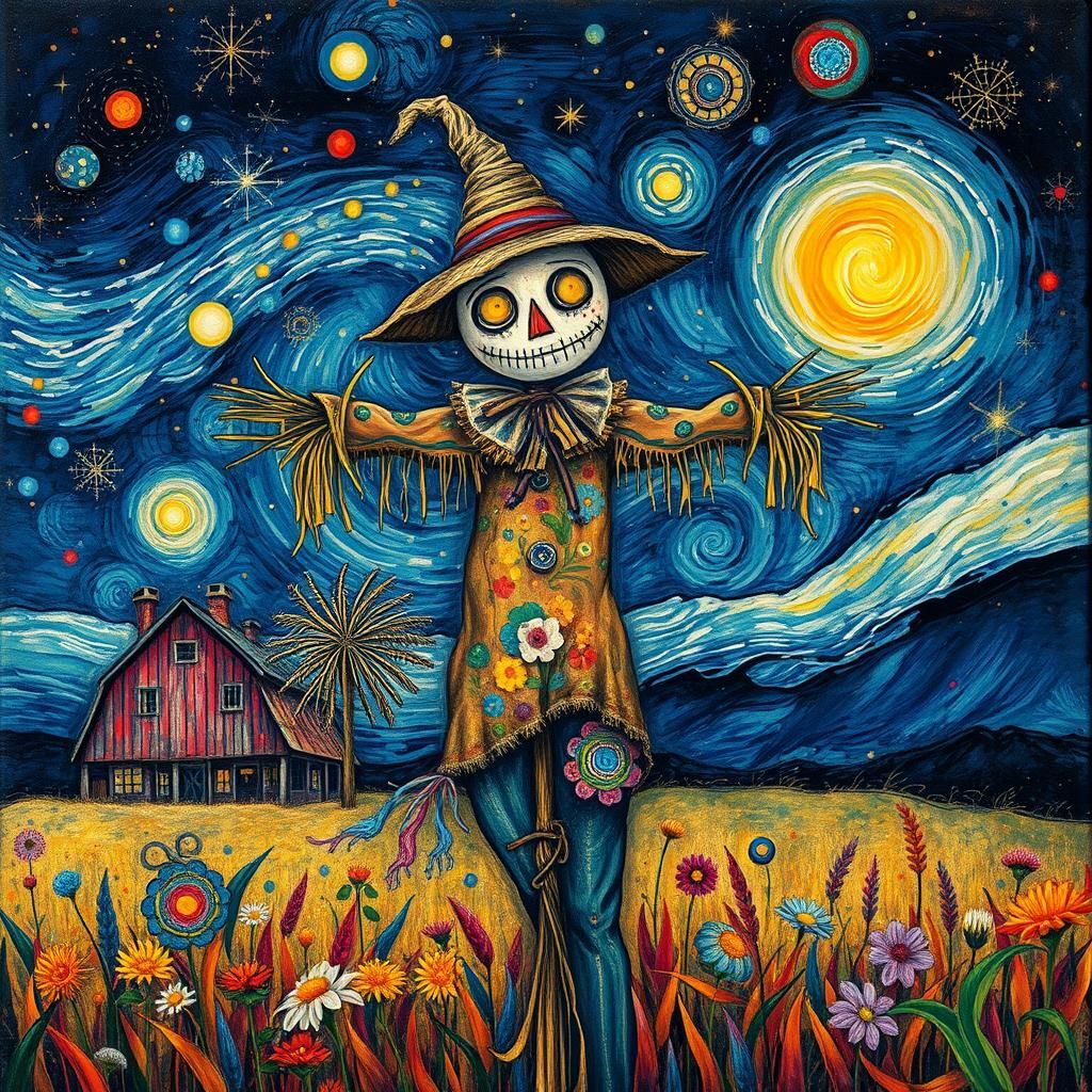 Magical Scarecrow in Starry Night, Abstract Expressionism