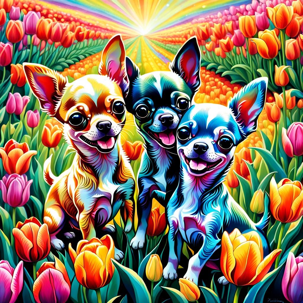 Chihuahua Puppies Playing in a Psychedelic Tulip Field