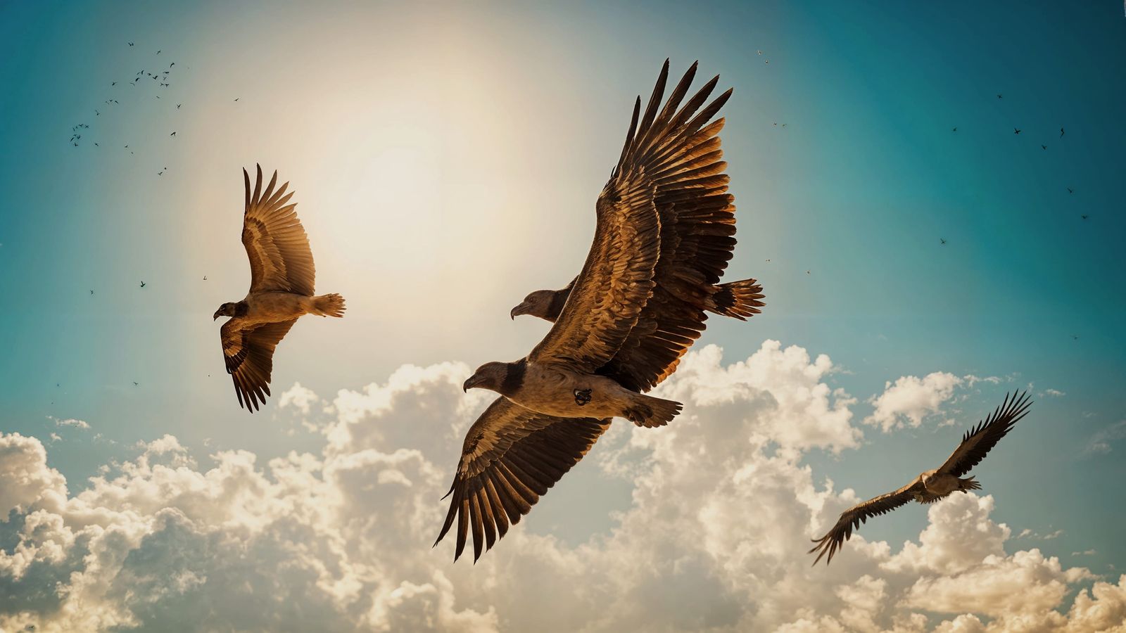 Vultures Soar in a Sunny Skiescape