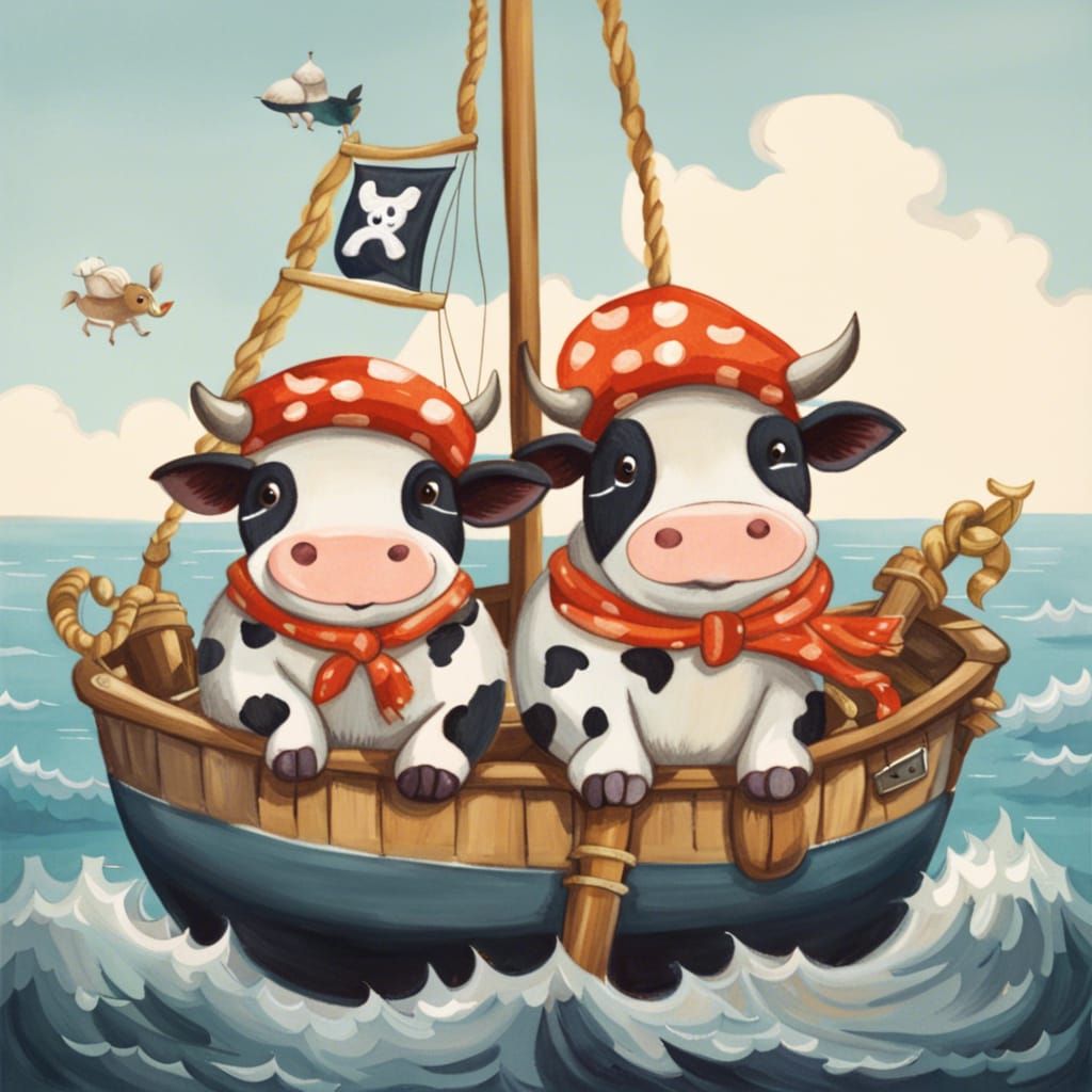 Cows in Pirate Hats Sail the Ocean: Gouache Painting