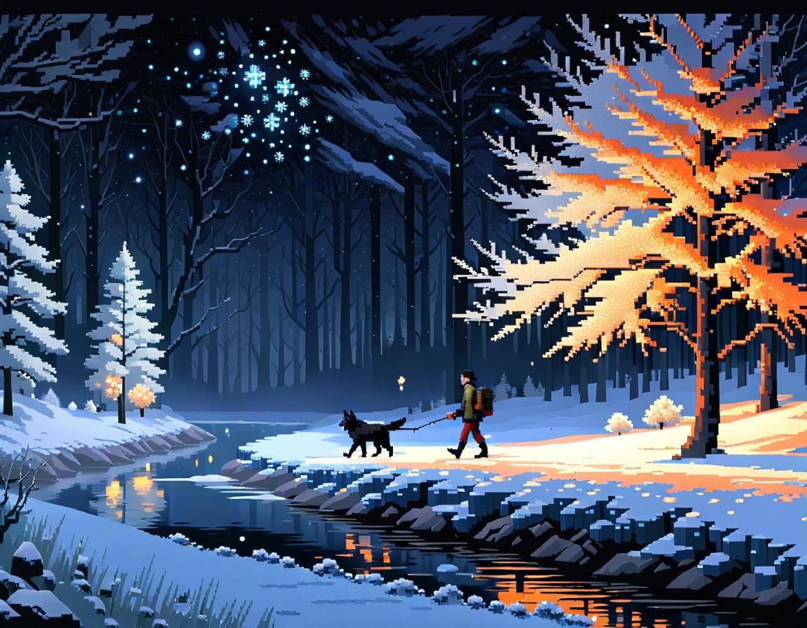 Pixel Art Riverscape: Winter Walk