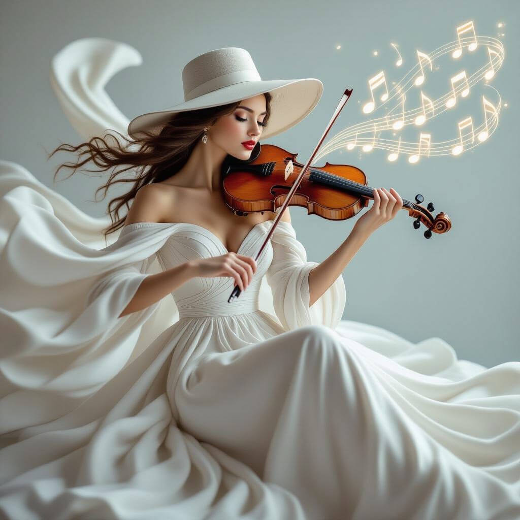 Ethereal Woman Playing Violin with Flowing White Dress