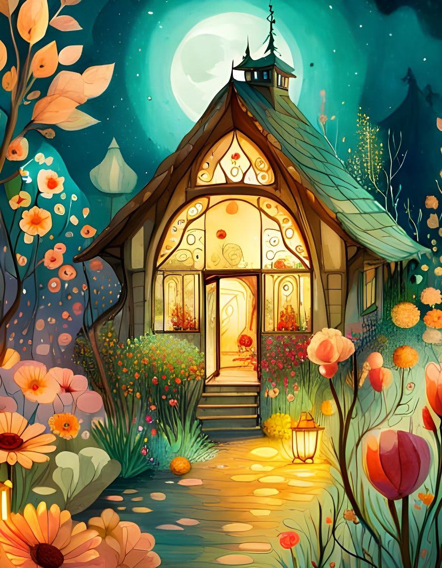 Boho Fairy Cottage Watercolor Illustration