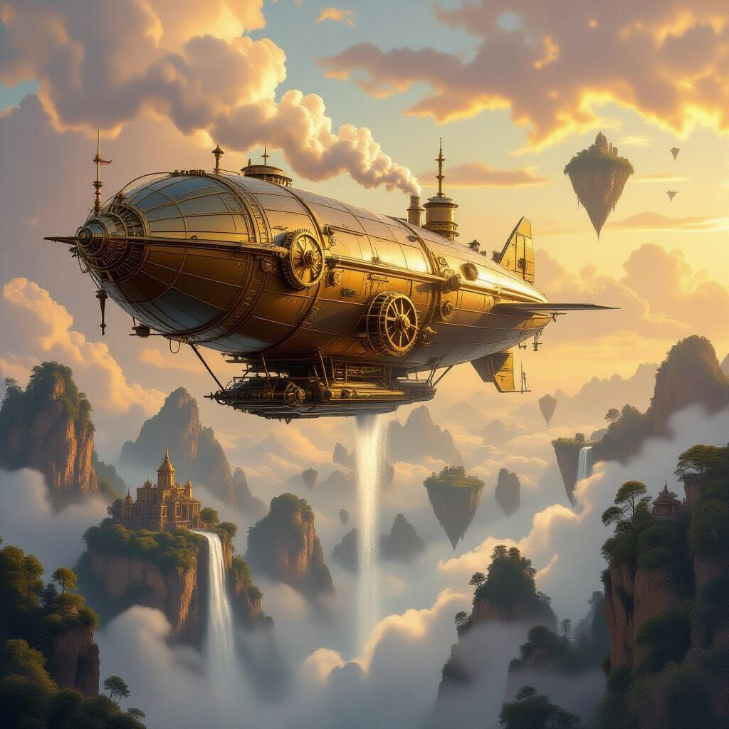 Steampunk Airship Amidst Clockwork Islands and Waterfalls