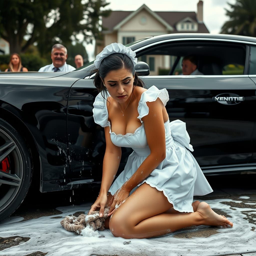 Humiliated French Maid Scrubs Cars in Public