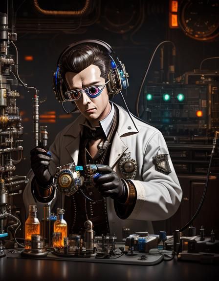 Mad Scientist in Steampunk Lab: Pixar-Style 3D Rendering
