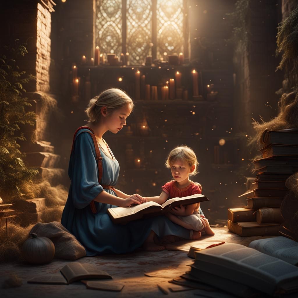 Mother and Child Reading Bible Story: Matte Painting