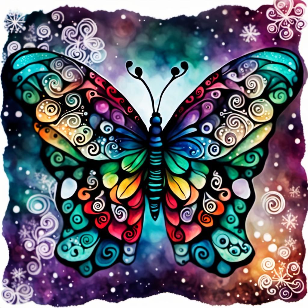 Zentangle Butterfly in Christmas Colors, Watercolor Style