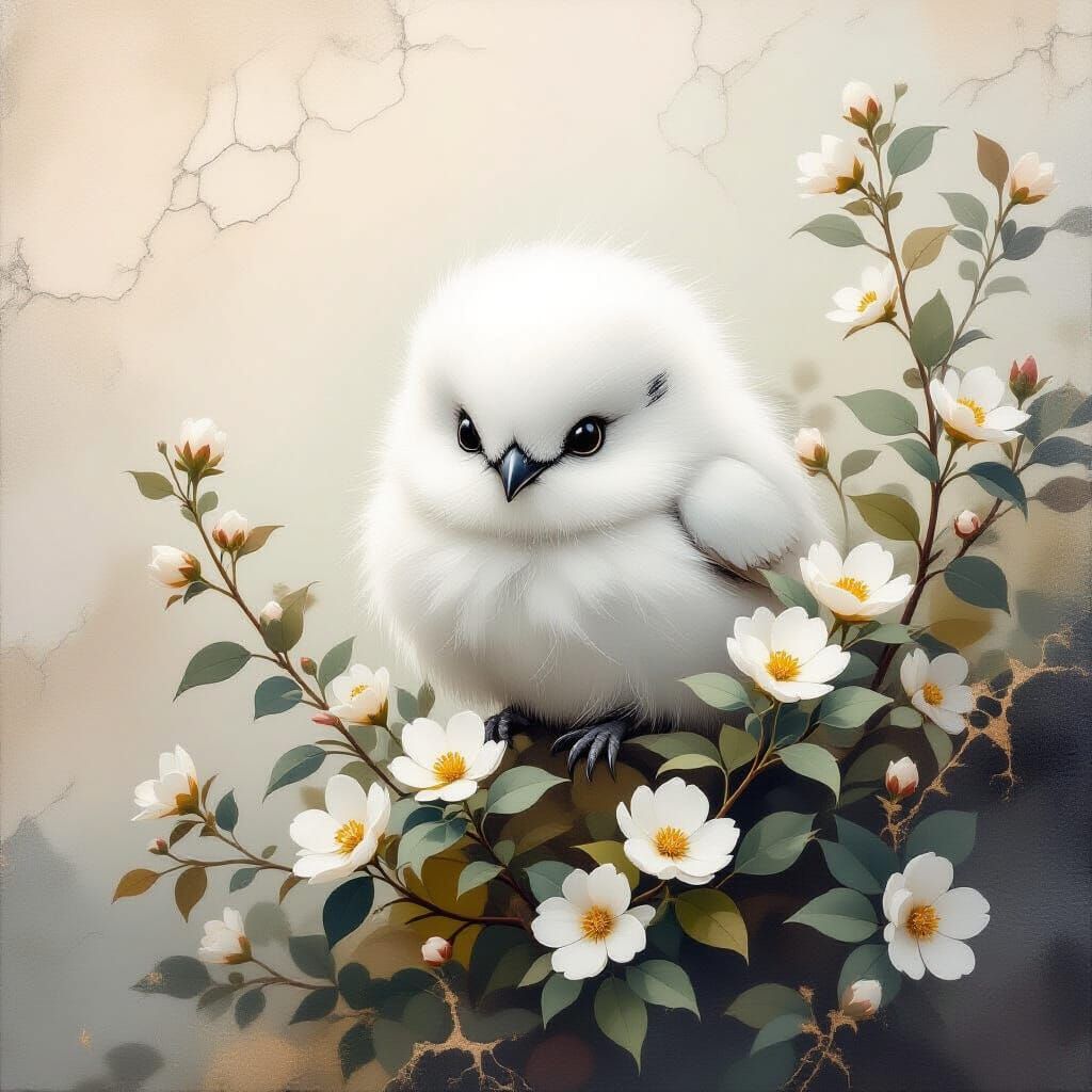 Fluffy Creature Among Flowers in Pastel Hues