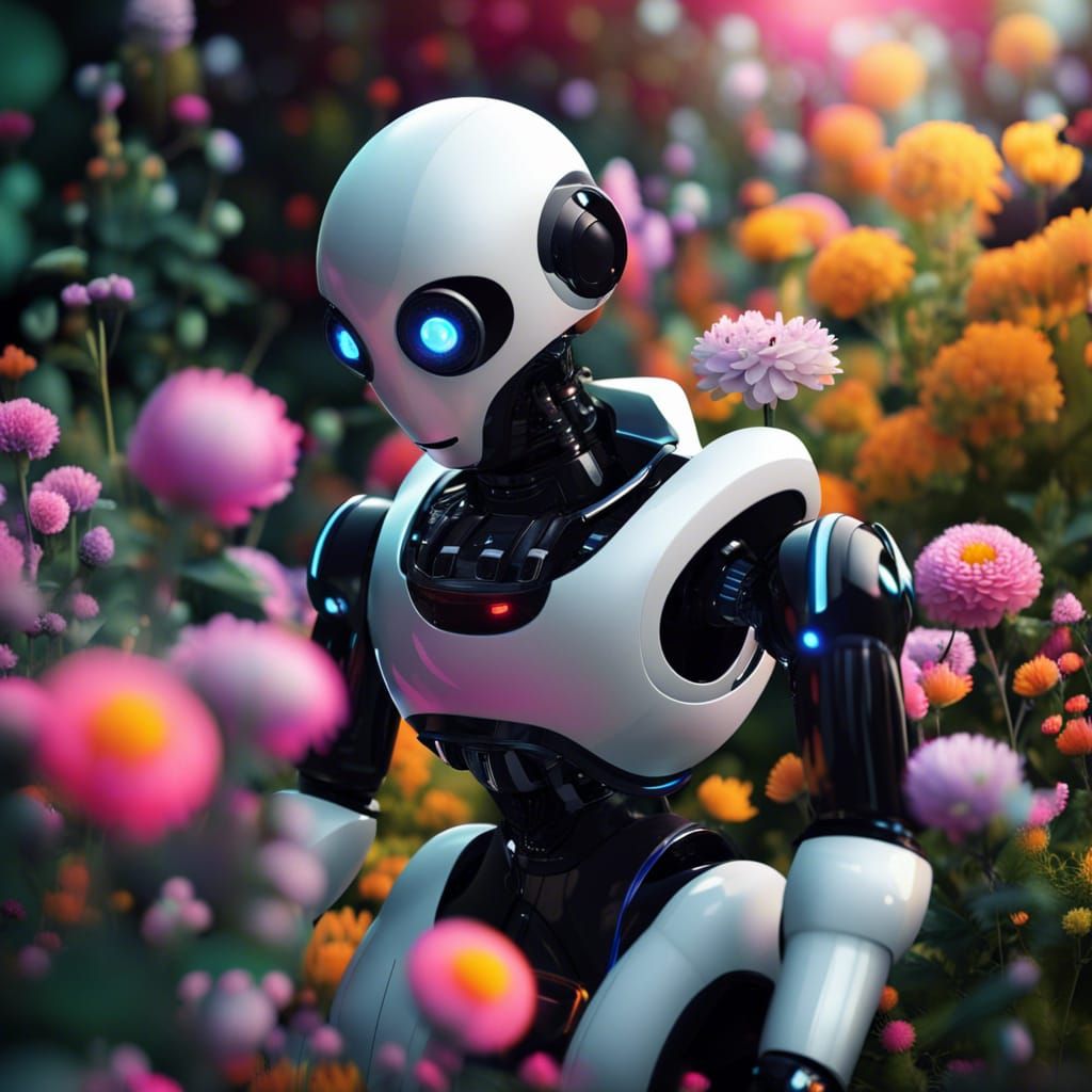 Robot in Secret Flower Garden: Ultra Realistic 8k Portrait