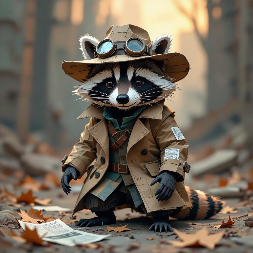 Raccoon Scavenger in Post-Apocalyptic Paper World