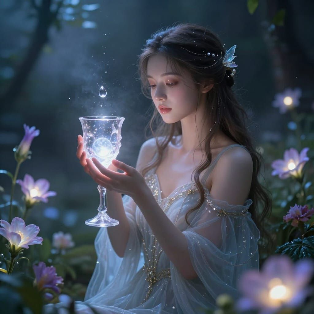 Ethereal Goddess Tends Bioluminescent Garden with Moon Dew C...