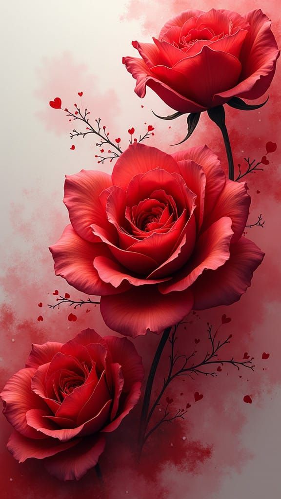 Isolated in center Side view of red crimson blossom roses:: ...