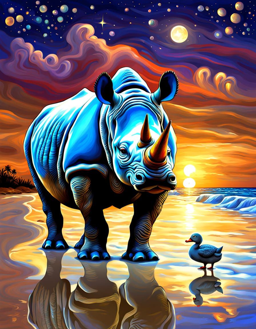 A Rhinoceros on a Beach Holiday with a Happy Duck
