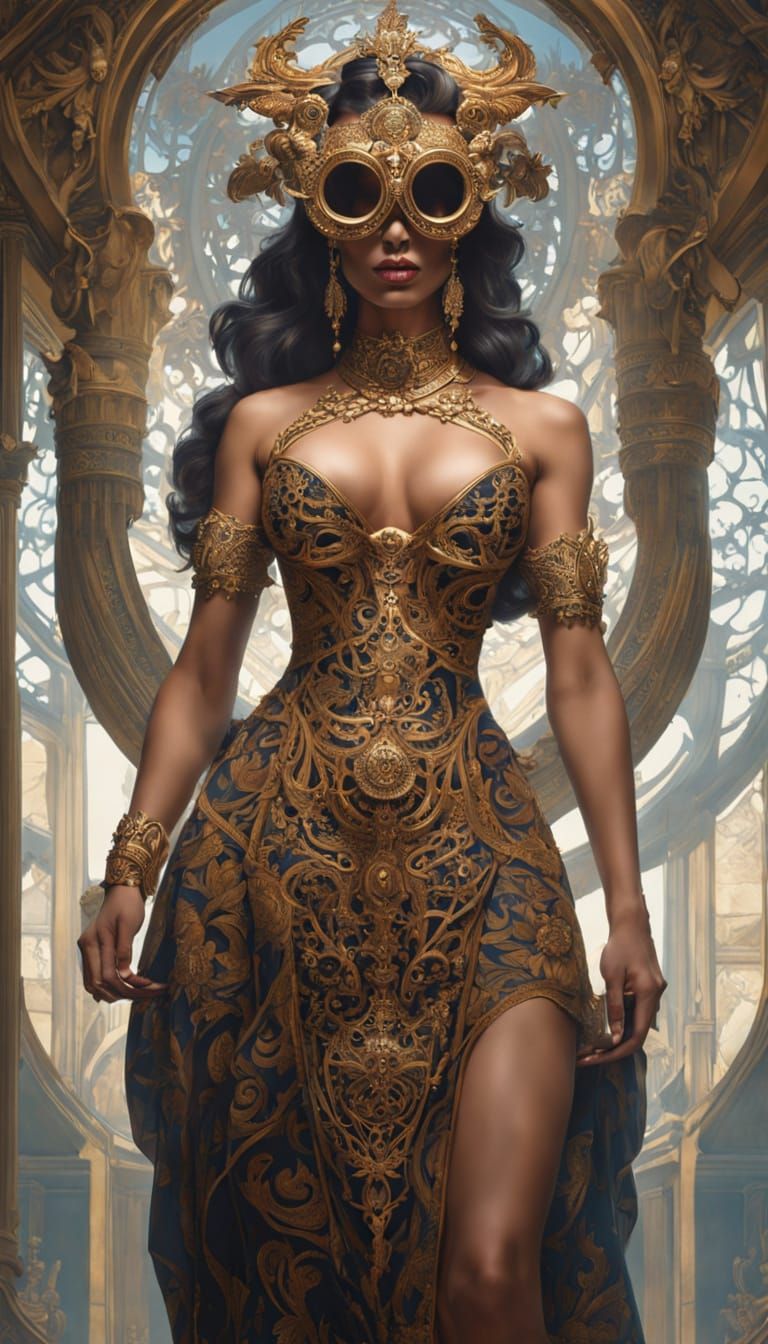 Woman in Flowing Dress Wearing Ornate Skull Mask