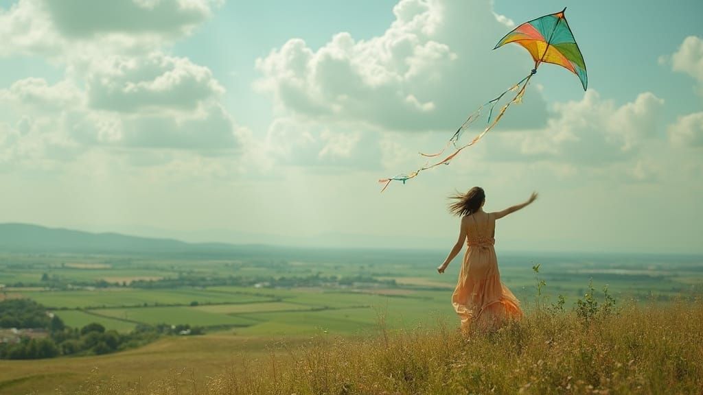 Woman Flying Kite on Hilltop in Dreamy Style