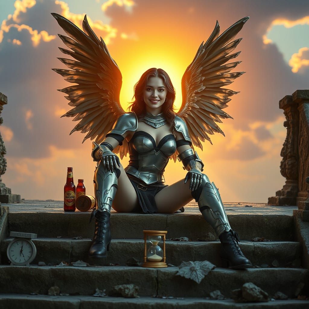 Angel on Temple Stairs in Dreamy Digital Art