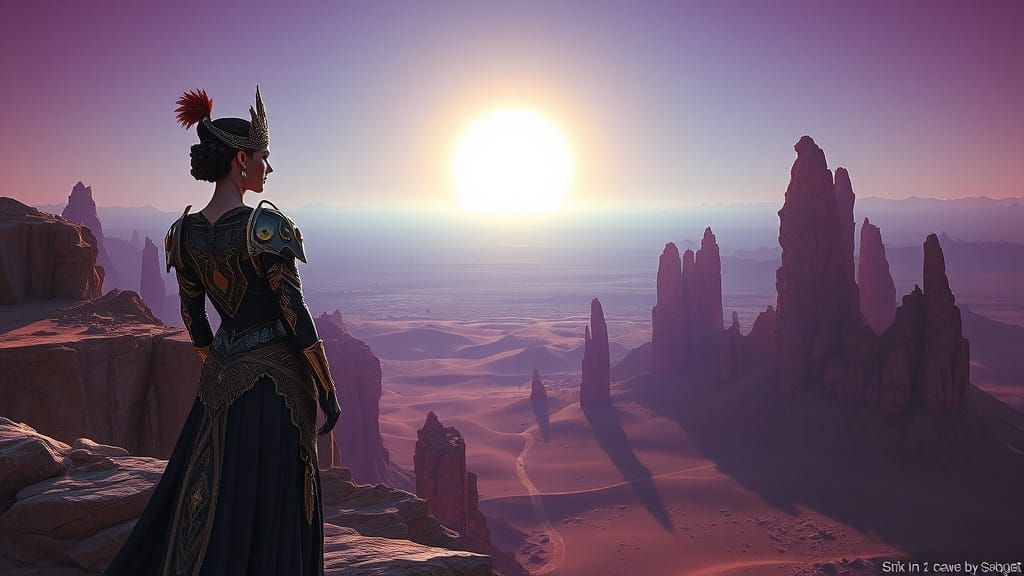 Regal Warrior on Alien Desert Overlooking Binary Sunset