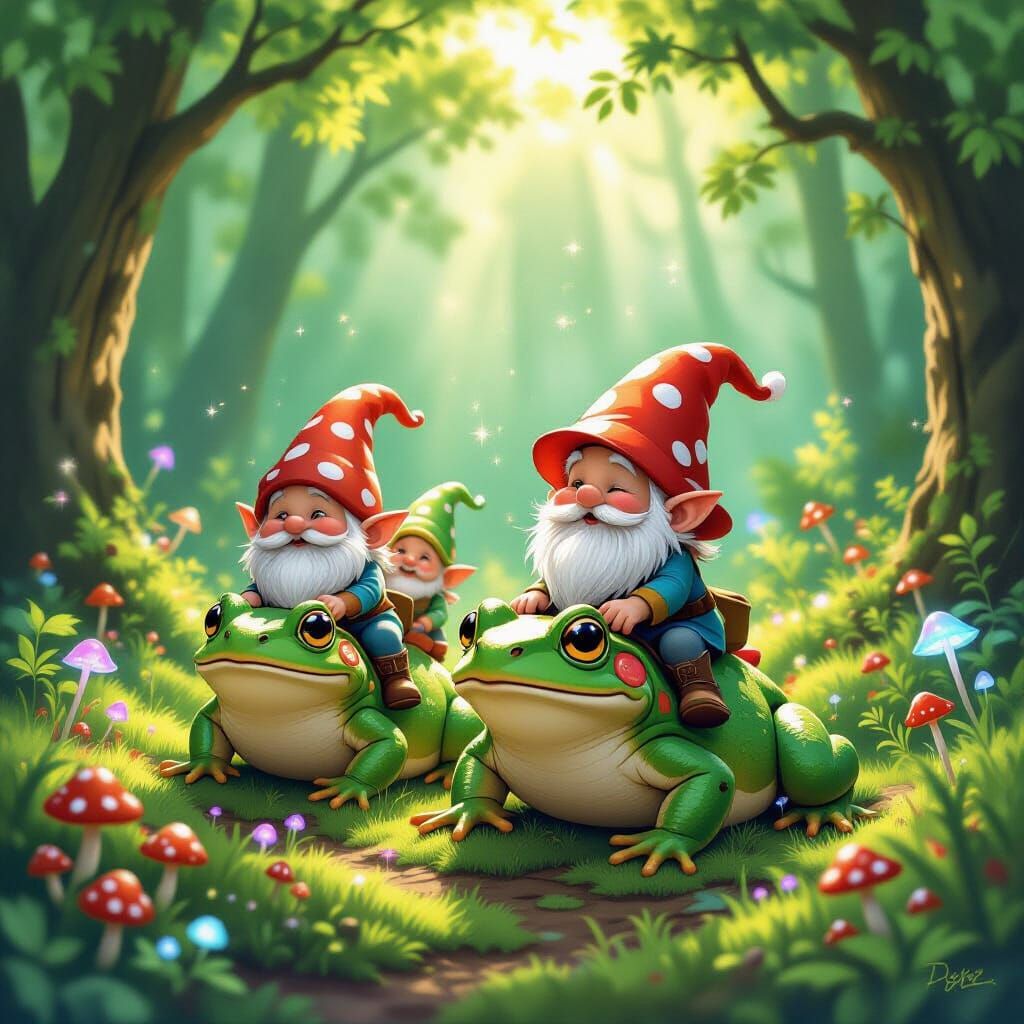Gnomes Ride Frogs Through Enchanted Forest