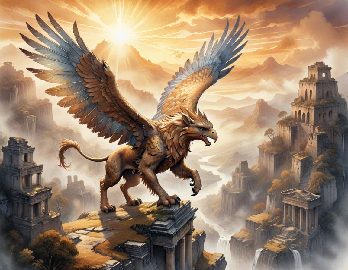 Majestic Bronze Griffin Soars Over Ancient Ruins