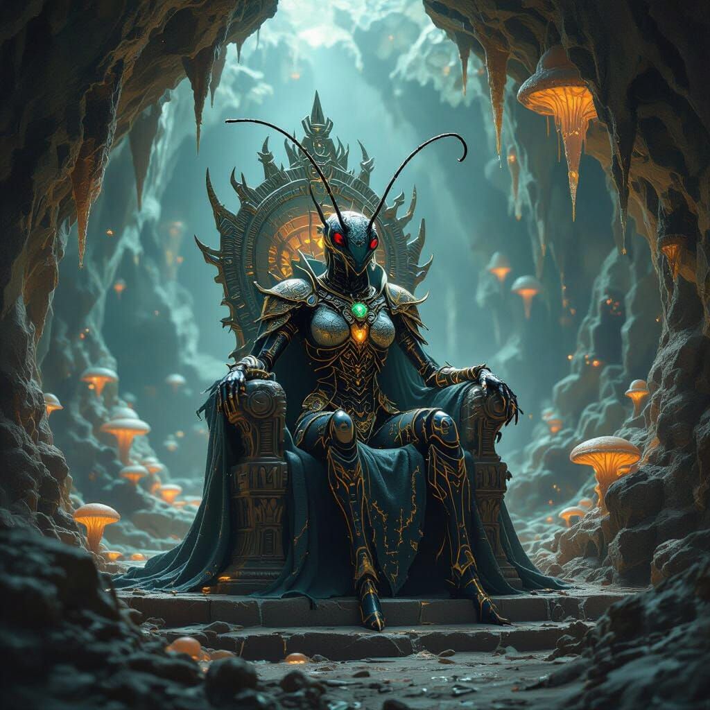 Regal Humanoid Ant Queen in Luminous Cavern