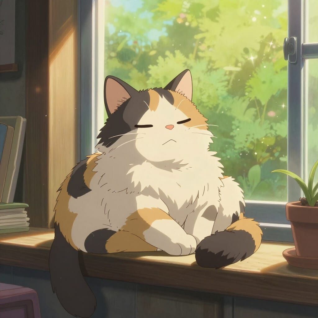 Ghibli Style Cat Sunbathing on Windowsill