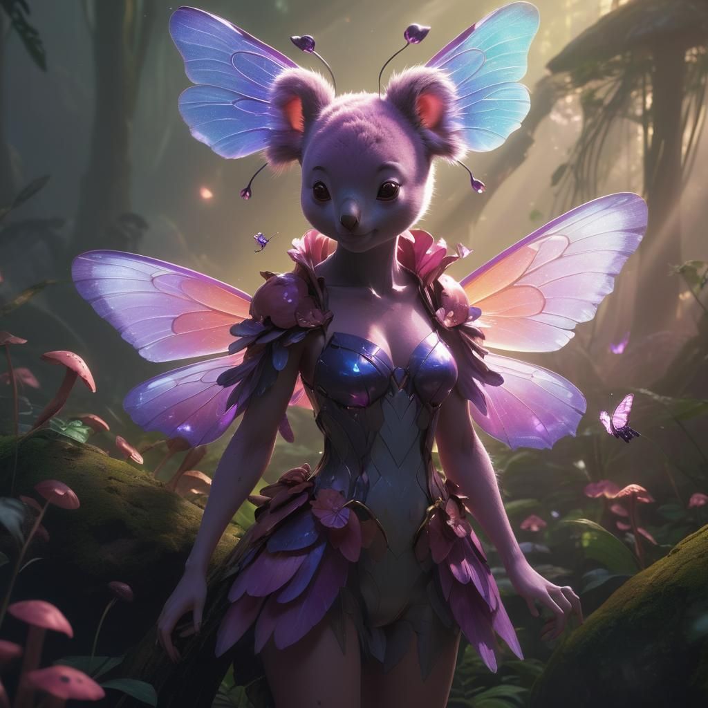 Anime Koala Girl with Butterfly Wings on Mushroom