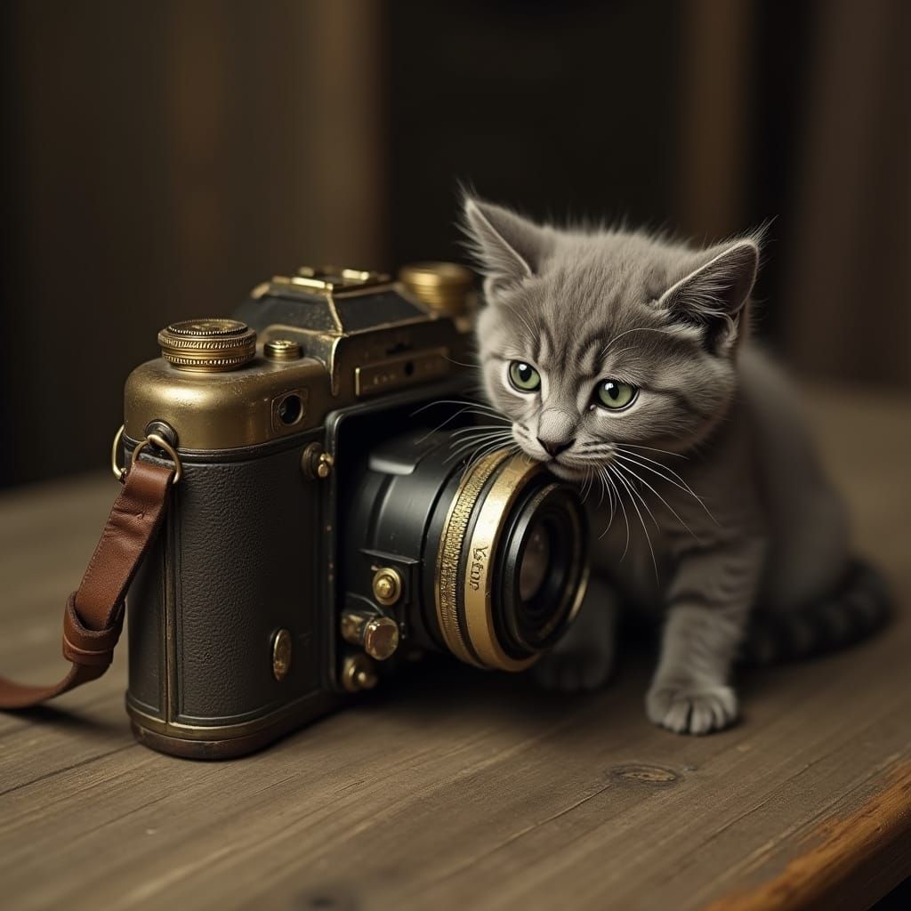 Vintage Camera and Kitten in Warm Sepia Tones