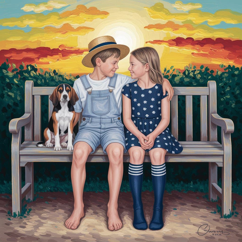 Neo-Impressionist Painting of Teens with Dog at Sunset