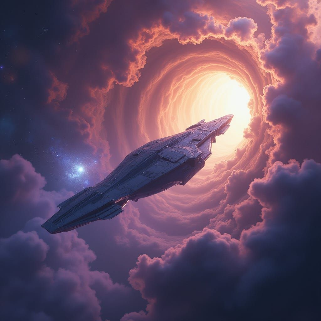 Majestic Spaceship Emerges from Wormhole into Vibrant Nebula