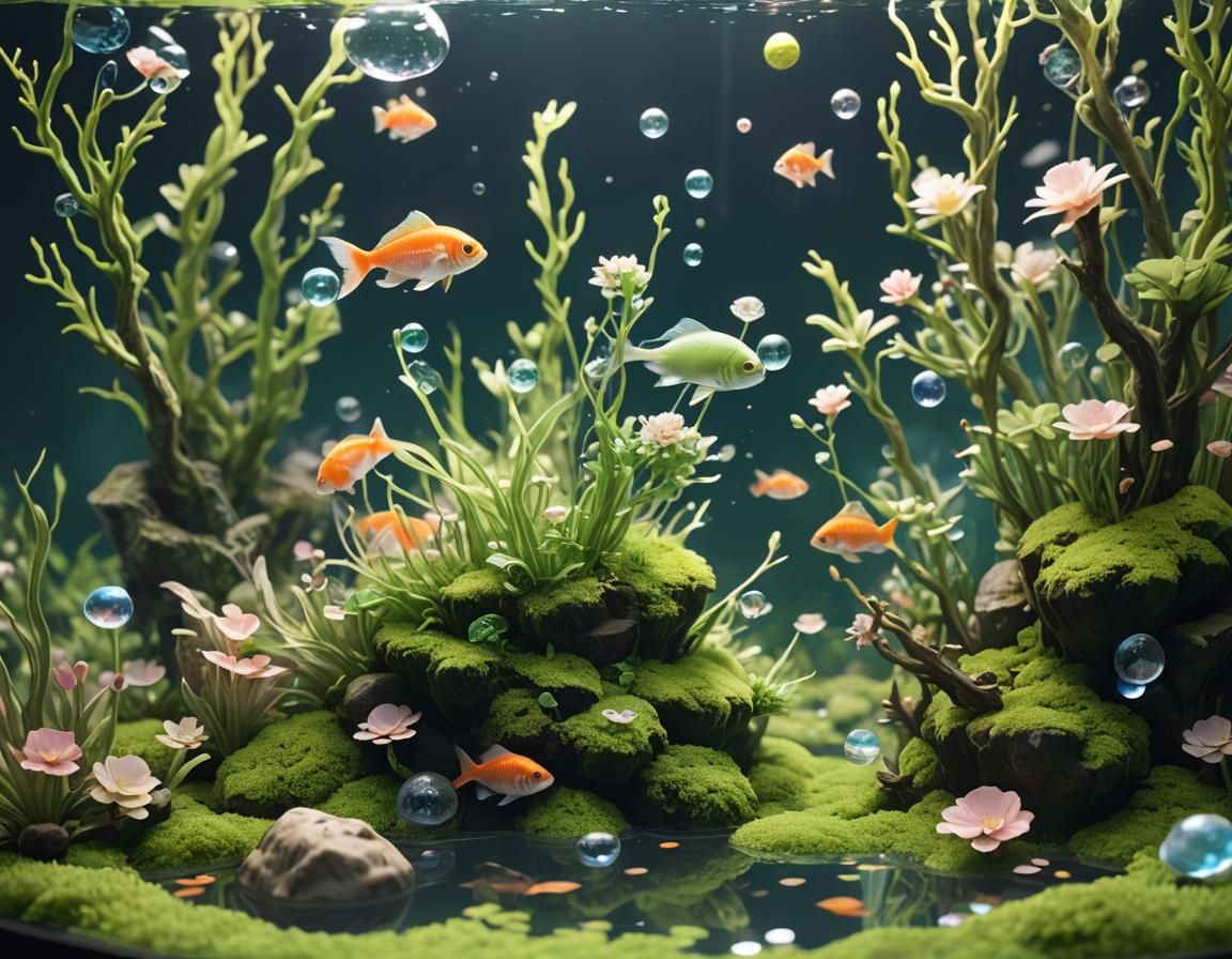 Serene Fishtank with Green Moss in Vibrant 3D Anime Art