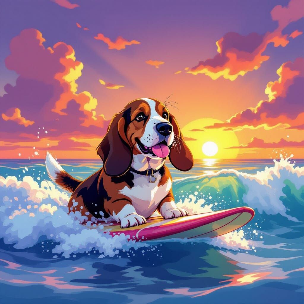 Happy Basset Hound Surfing at Sunset