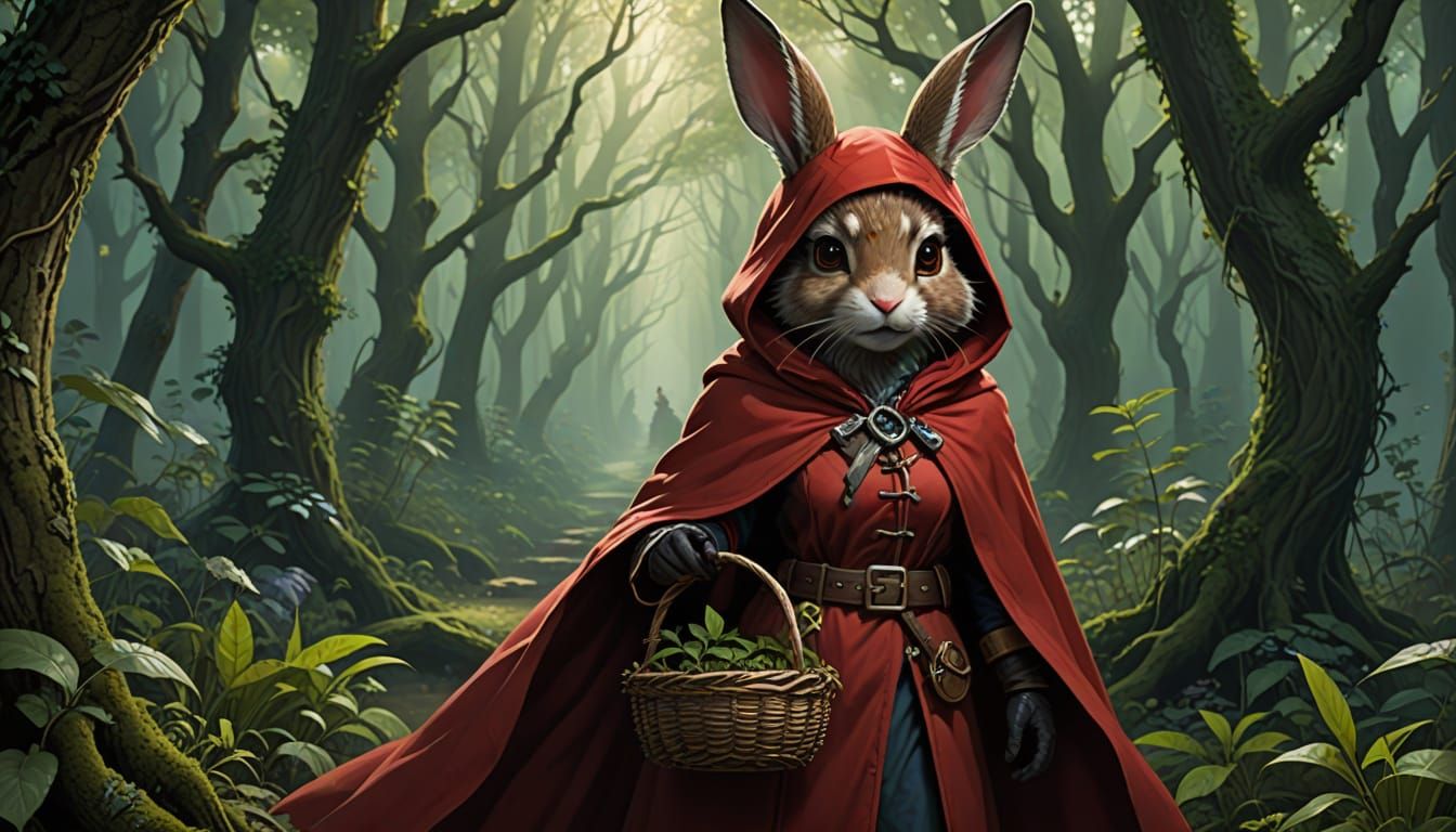 Mystical Red Hooded Bunny Wanders the Evermaze Woods