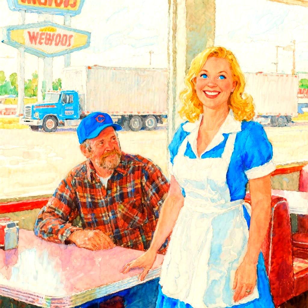 Impressionistic Watercolor of Waitress in Truck Stop Diner