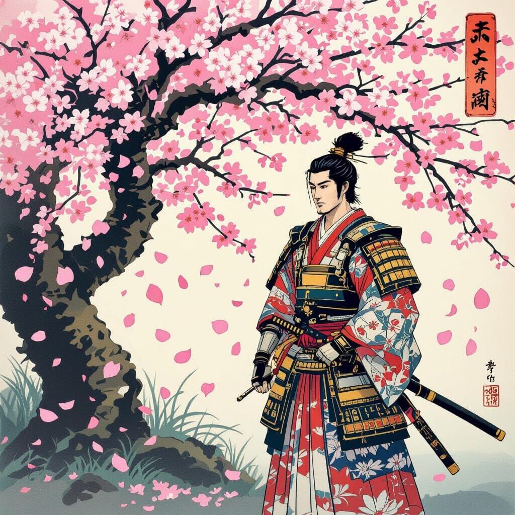 Samurai in Sakura Garden: Shin Hanga Style