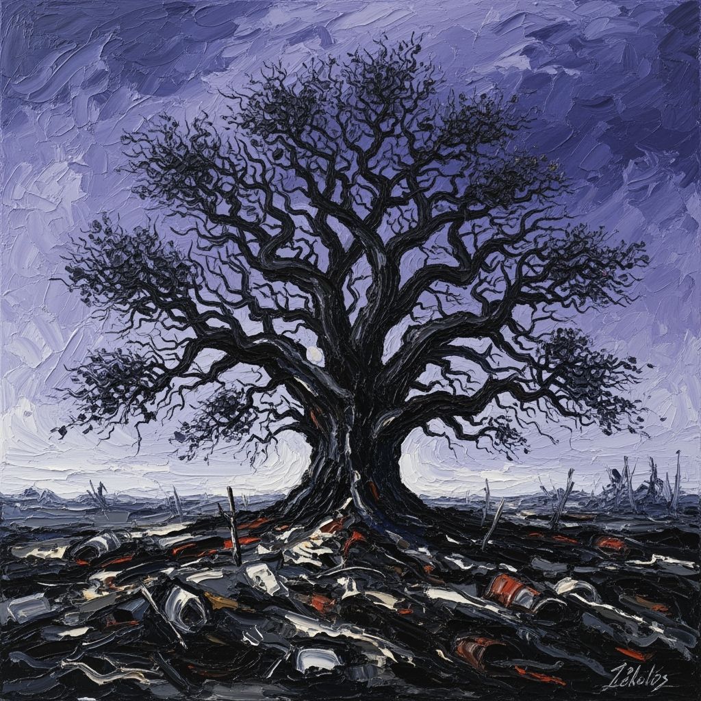 Ancient Oak Tree in Stormy Sky - Expressionist Impasto Paint...