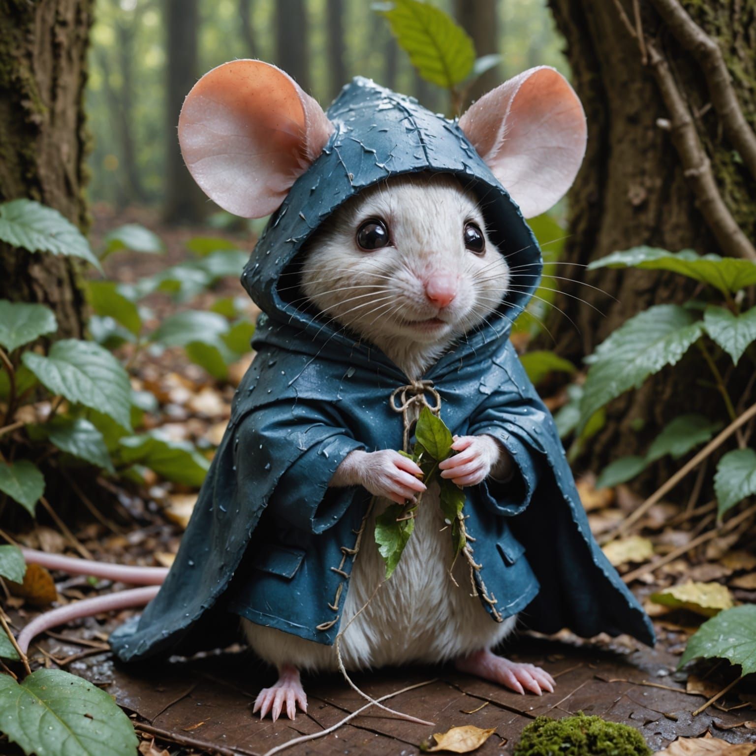 Mouse Sheltering Under Leaf in Gentle Rain