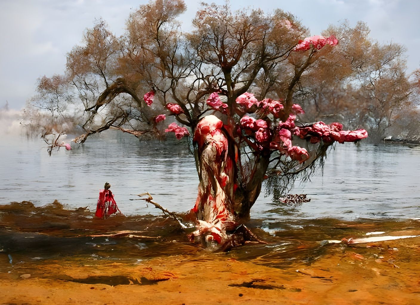 Sinister Sakura Tree on Lake of Blood in Baroque Horror Styl...