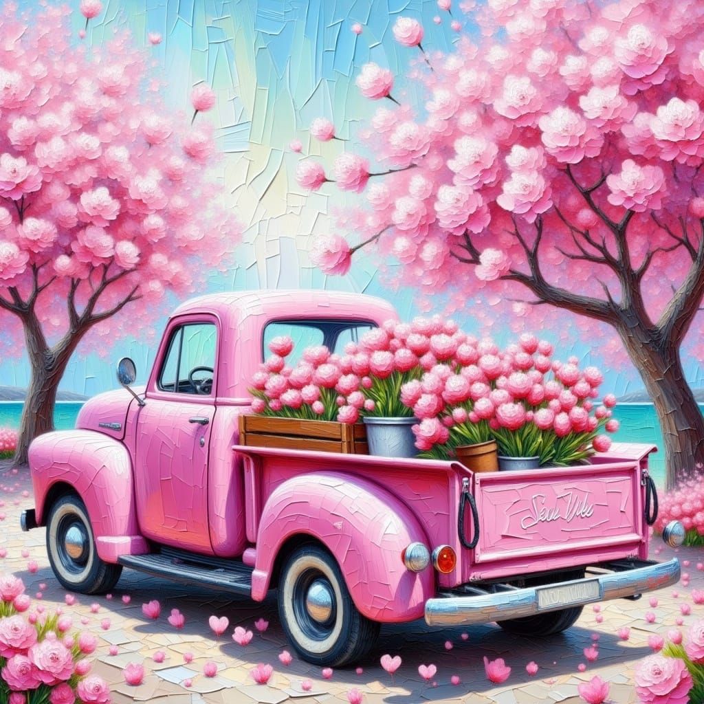Romantic Valentine's Day Scene with Vintage Pink Truck and P...