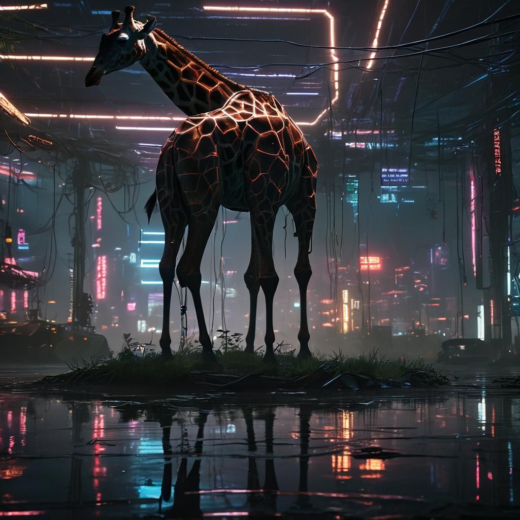 Cyberpunk Island Floating Above Giraffe: Cinematic Still